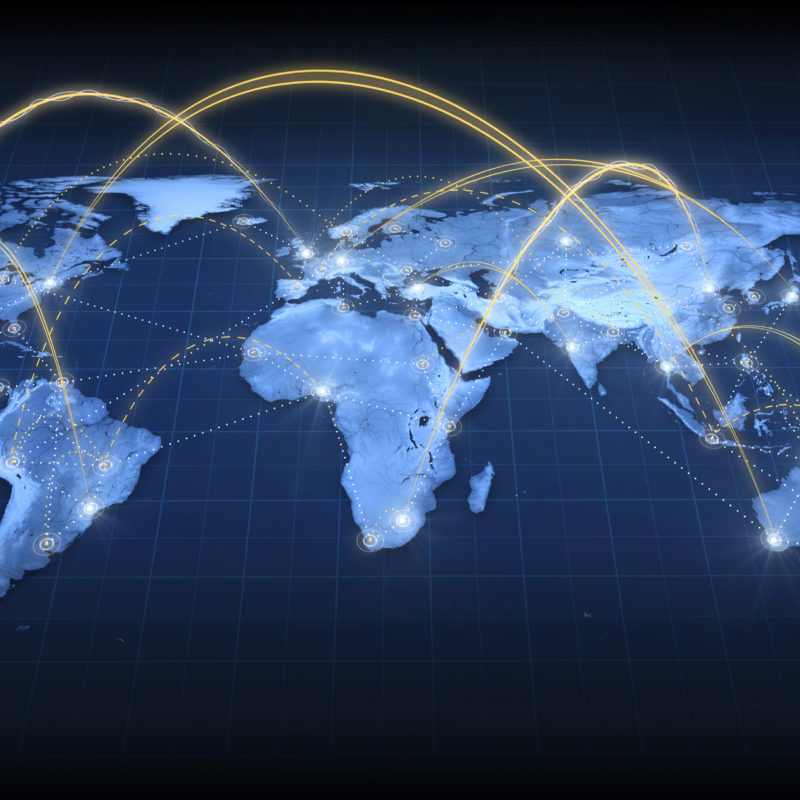 Lines connect a selection of major global cities revealing a world wide network.Maps courtesy: NASA and CIA World Databank IIDifferent Angles: